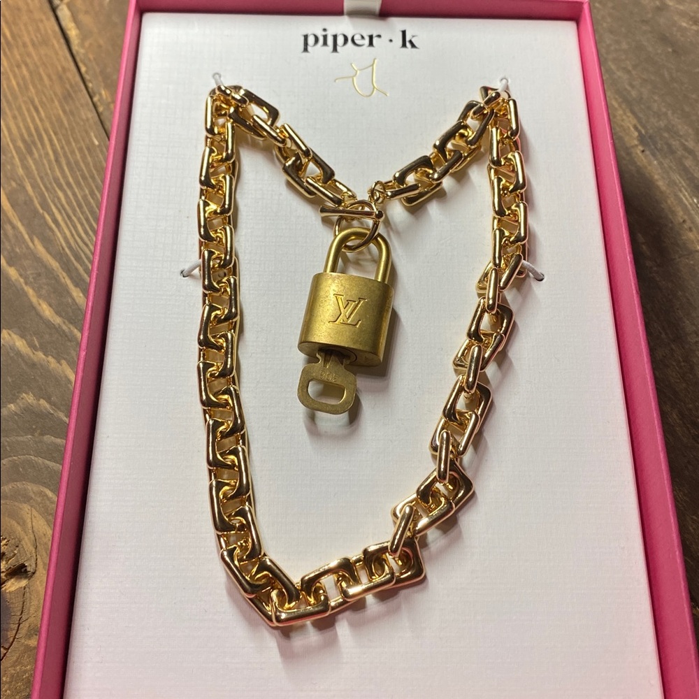 Louis Vuitton #306 Gold Padlock Pendant on Piper K Square Chain Necklace